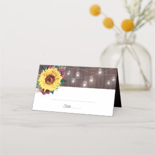 Carte De Placement Sunflower Mason Jar Lights Mariage en bois
