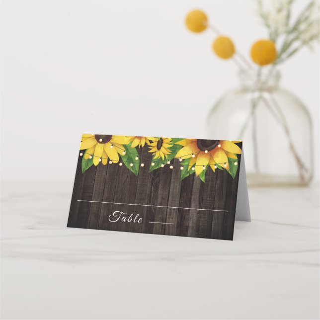 Carte De Placement Sunflower Rustic Wood String Mariage (Devant)