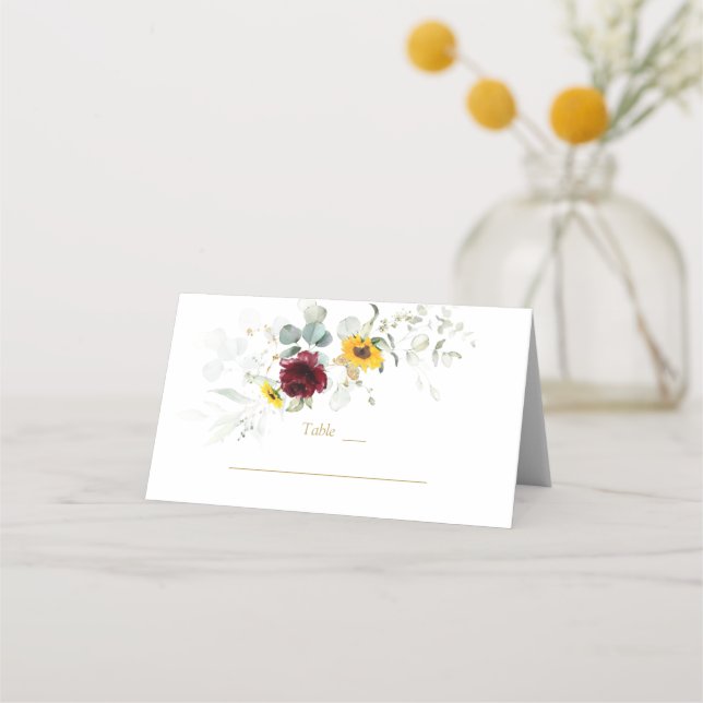 Carte De Placement Sunflowers Bourgogne Airy Greenery Numéro de table (Devant)