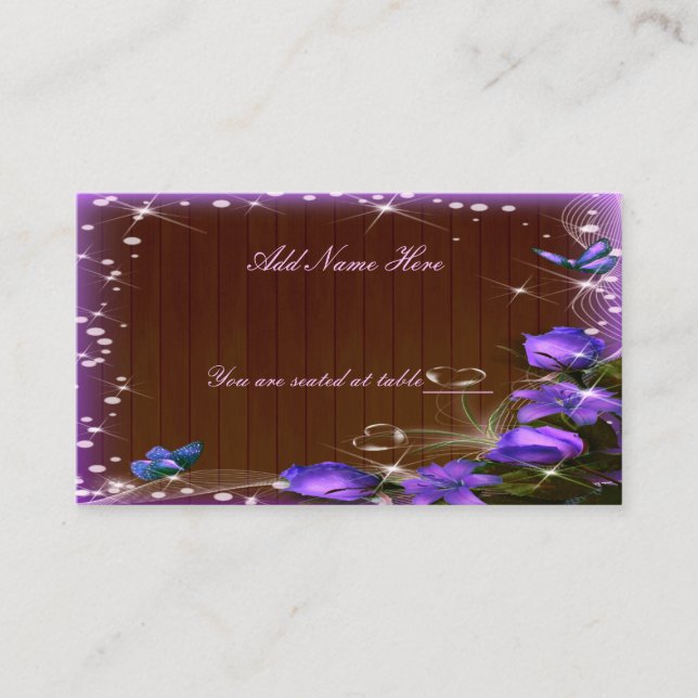 Carte De Placement Table à papillon floral violet en bois foncé rusti (Devant)