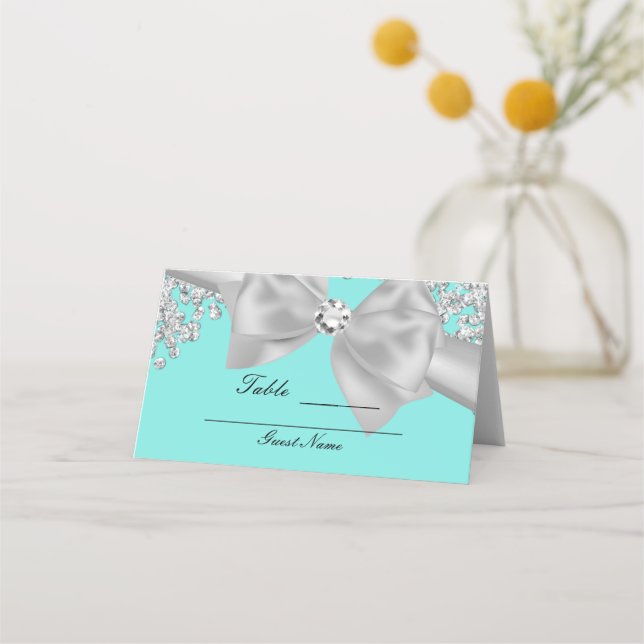 Carte De Placement Table de glamour diamants à nœud blanc grand bleu (Dos)