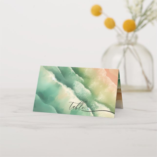 Carte De Placement Table de mariage aquarelle verte d'Ocean Beach (Devant)