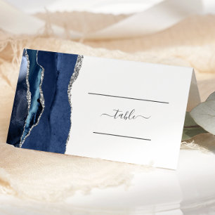 Carte De Placement Table de mariage chic bleu marine agate argentée