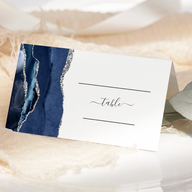Carte De Placement Table de mariage chic bleu marine agate argentée (Créateur téléchargé)