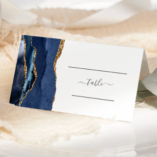 Carte De Placement Table de mariage chic bleu marine agate dorée