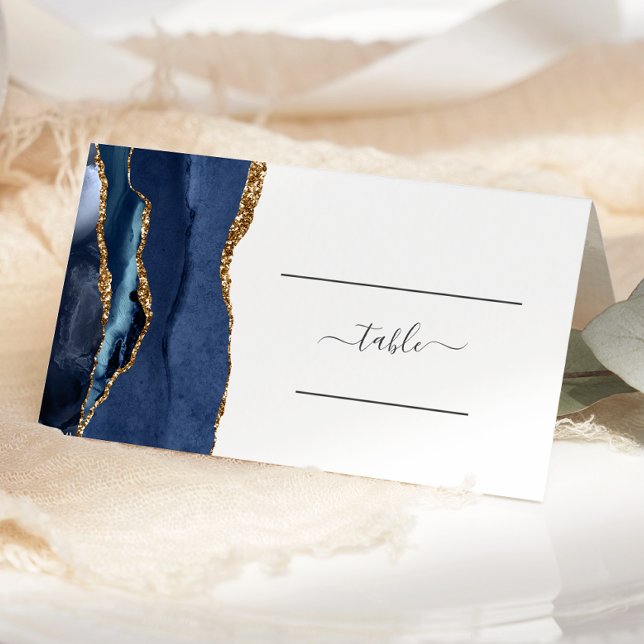 Carte De Placement Table de mariage chic bleu marine agate dorée (Créateur téléchargé)