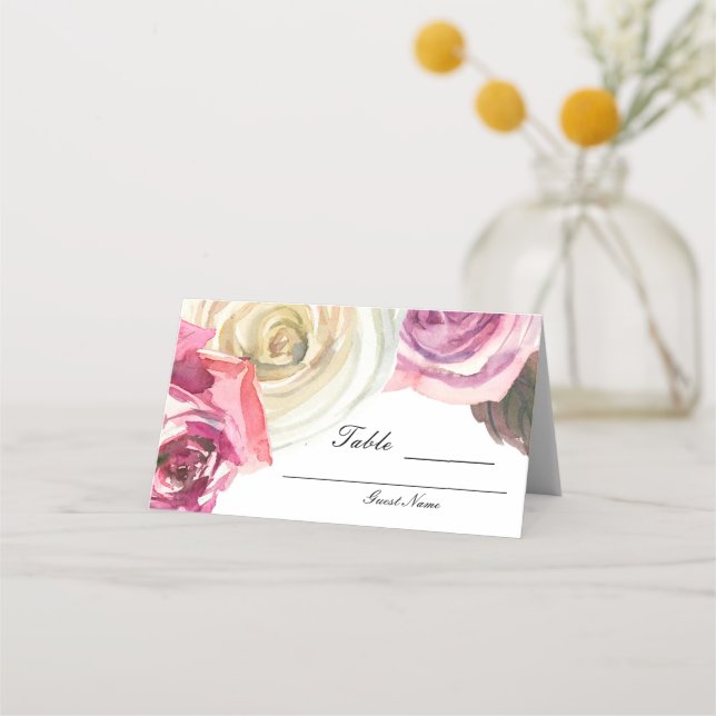 Carte De Placement Table de mariage chic roses aquarelle rose et blan (Dos)