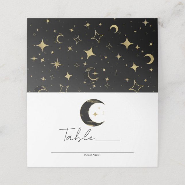 Carte De Placement Table de mariage Lune Étoiles Célestes Noir & Or  (Extérieur déplié)