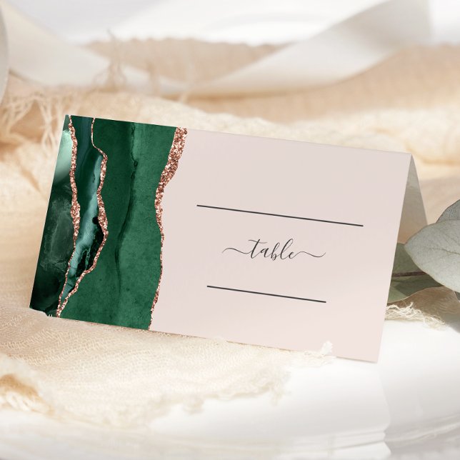 Carte De Placement Table de mariage Rose Gold et Vert Émeraude Agate  (Créateur téléchargé)
