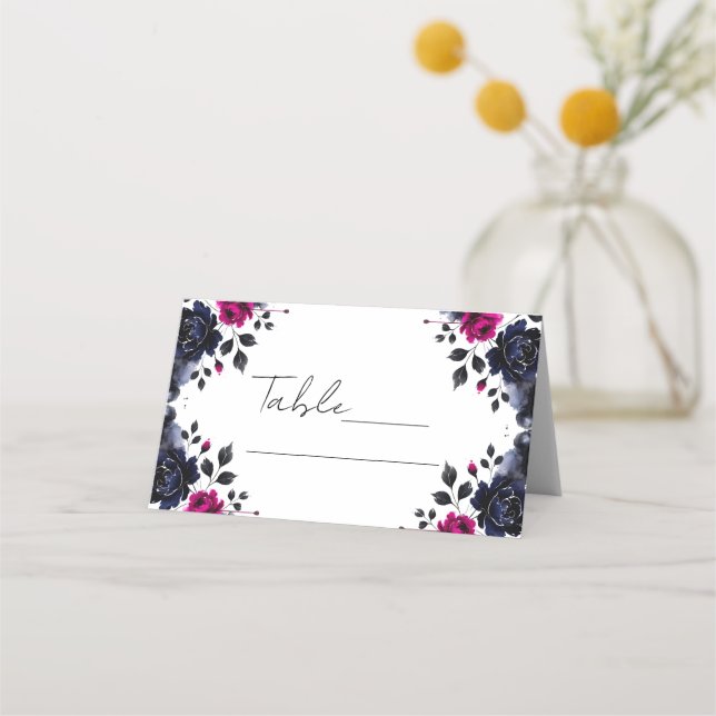 Carte De Placement Table d'eau-forte florale rose magenta et bleu (Devant)