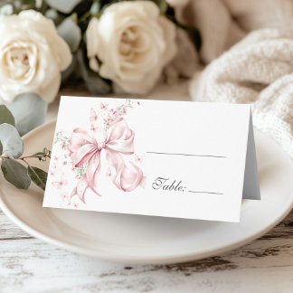 Carte De Placement Table Floral Perles Ruban Rose Élégant