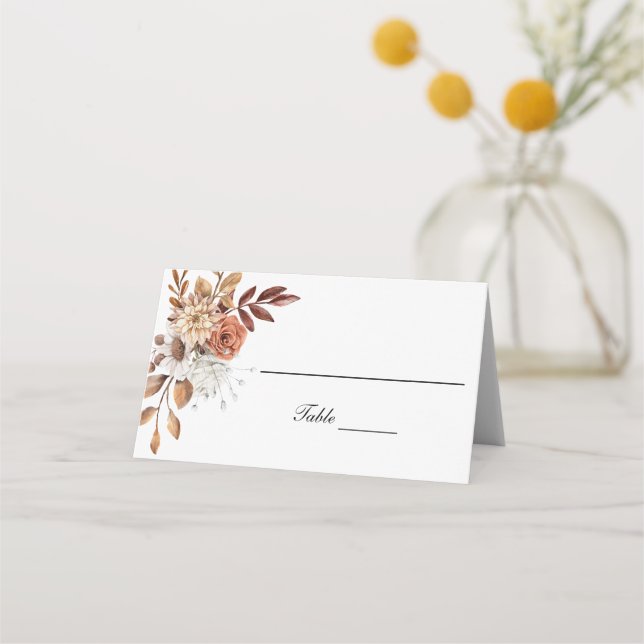 Carte De Placement Table Florale Rose Pêche Blanc Marron Automne (Devant)