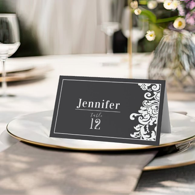 Carte De Placement Table Mariage damassé florale moderne noir et blan (modern and elegant black and white floral damask wedding name card seating place card)
