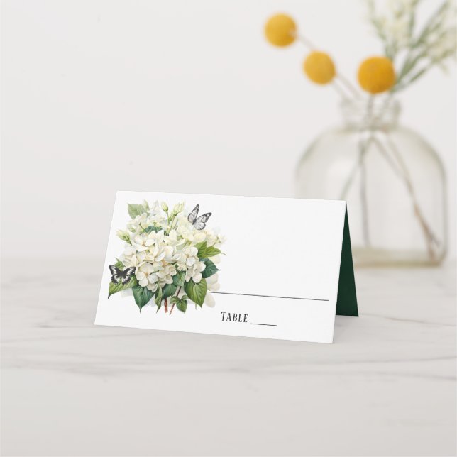 Carte De Placement Tableau Mariage chic blanc Hydrangea et Papillon (Devant)