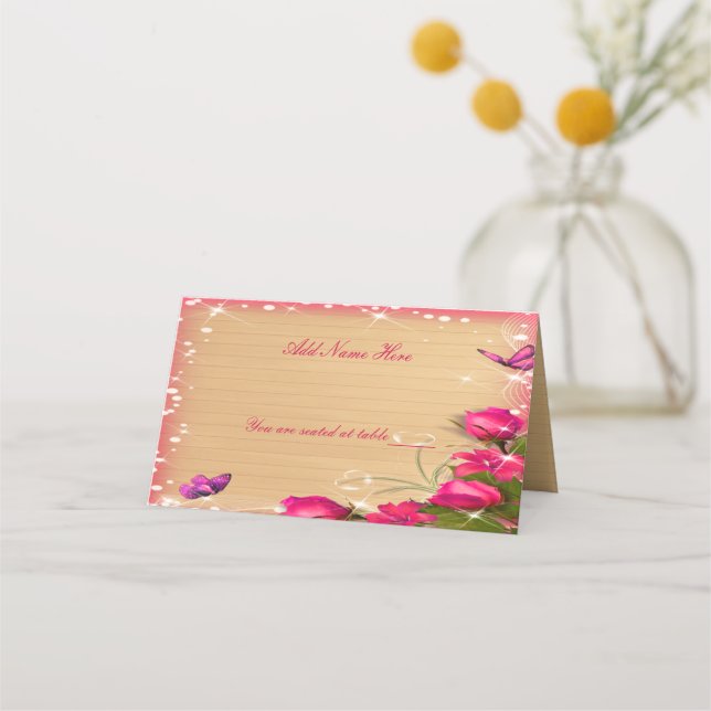 Carte De Placement Tableau Mariage rose rose papillon rustique (Devant)