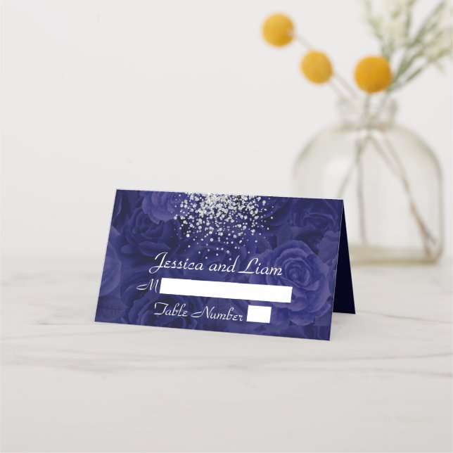 Carte De Placement Tapisserie de roses bleues royales et touche d'arg (Devant)