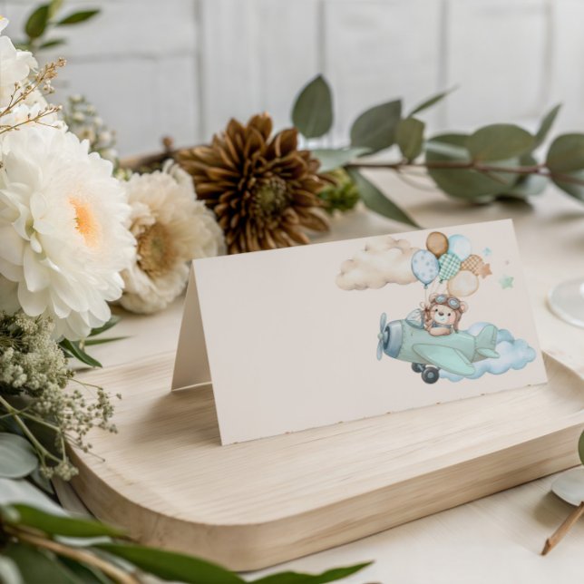 Carte De Placement Teddy Bear Airplane Baby Shower Folded Place Card (Aviator Teddy Bear Baby Shower Place Card. Blue Boy Airplane. We Can Bearly Wait.)