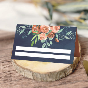 Carte De Placement Terme brûlé Orange Roses Floral Navy Blue Mariage