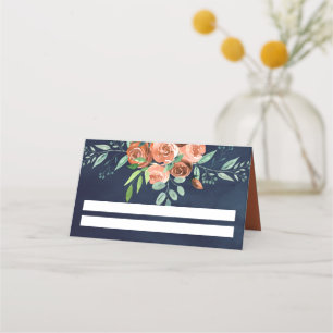 Carte De Placement Terme brûlé Orange Roses Floral Navy Blue Mariage