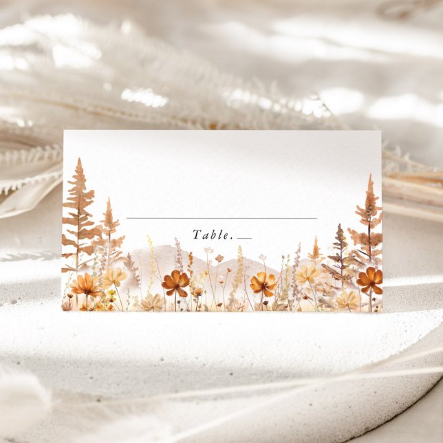 Carte De Placement Terracotta Wildflower Mountain Wedding Place Card (Terracotta wildflower wedding place card with mountain, table name tent card for boho reception)