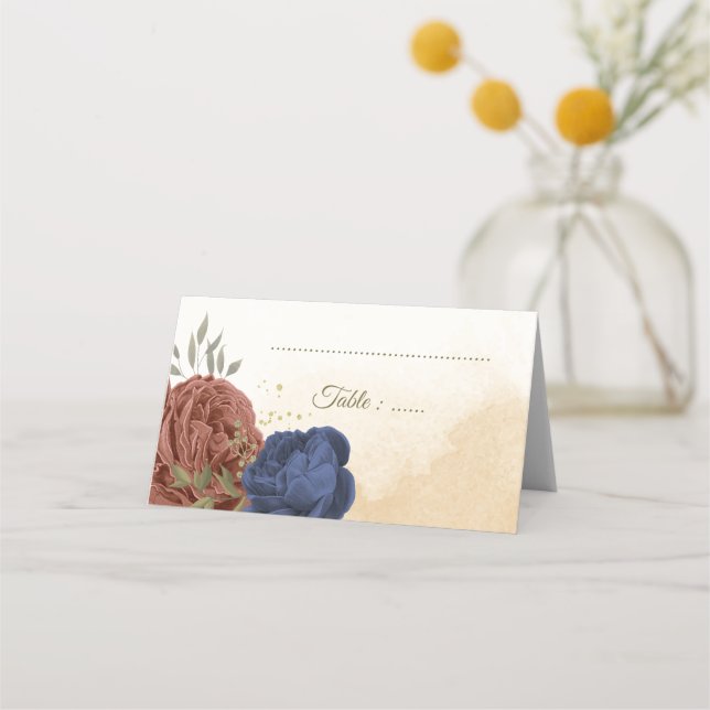 Carte De Placement terre cuite bleu marine fleuri mariage (Devant)