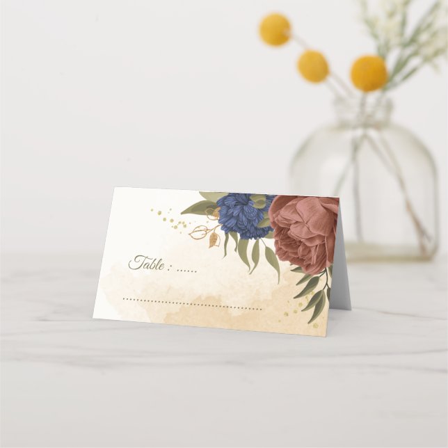Carte De Placement terre cuite bleu marine fleuri mariage (Devant)
