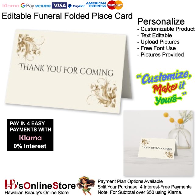 Carte De Placement Thank You for Coming Memorial Funeral Folded (Thank You for Coming Memorial Funeral Folded Place Card.)