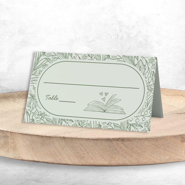 Carte De Placement Thème de livre Floral Vert Sauge Mariage (Book Theme Floral Sage Green Bridal Shower Place Card)