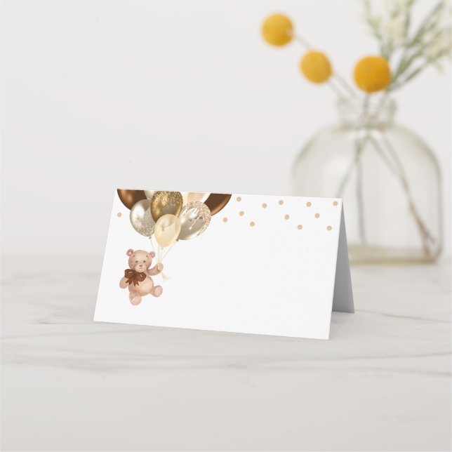 Carte De Placement Thème Ours en Peluche Marron et Ballons Dorés pour (Devant)