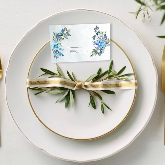 Carte De Placement Tomber dans l'amour aquarelle bleu Mariage Floral (Créateur téléchargé)