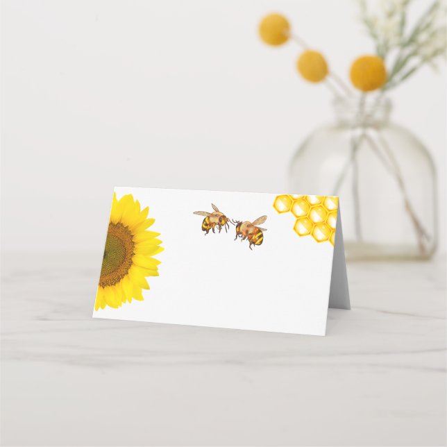 Carte De Placement Tournesol rustique blanc et Mariage d'abeille assi (Devant)