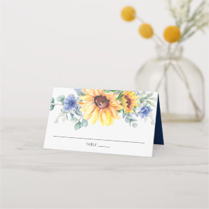 Carte De Placement Tournesol Rustique Bleu Floral Mariage Nom d'hôte