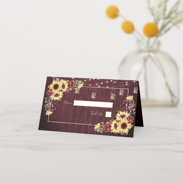 Carte De Placement Tournesol rustique Bourgogne Bois Mariage Floral (Devant)