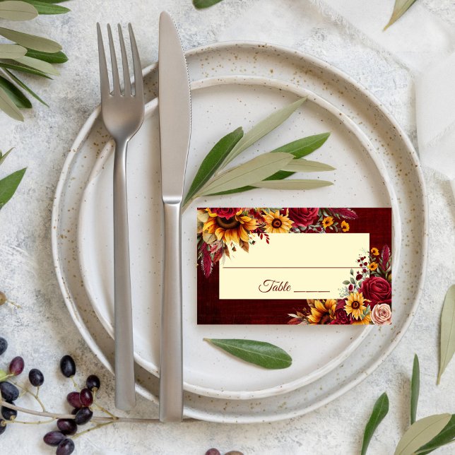 Carte De Placement tournesols jaunes mariage de automne bordeaux (Sunflower wedding theme place cards Fall wedding burgundy roses yellow sunflowers place card)