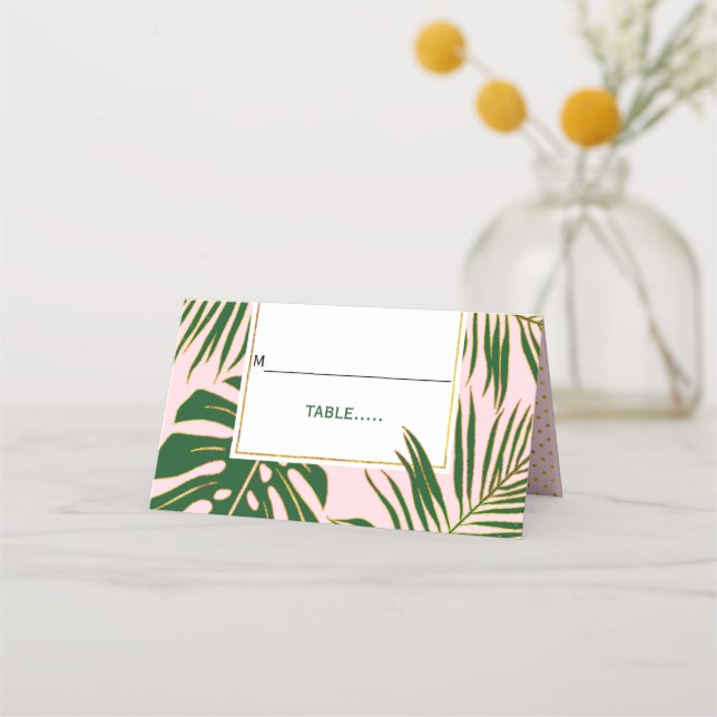 Carte De Placement Tropical vert feuille rose mariage plié escort (Devant)