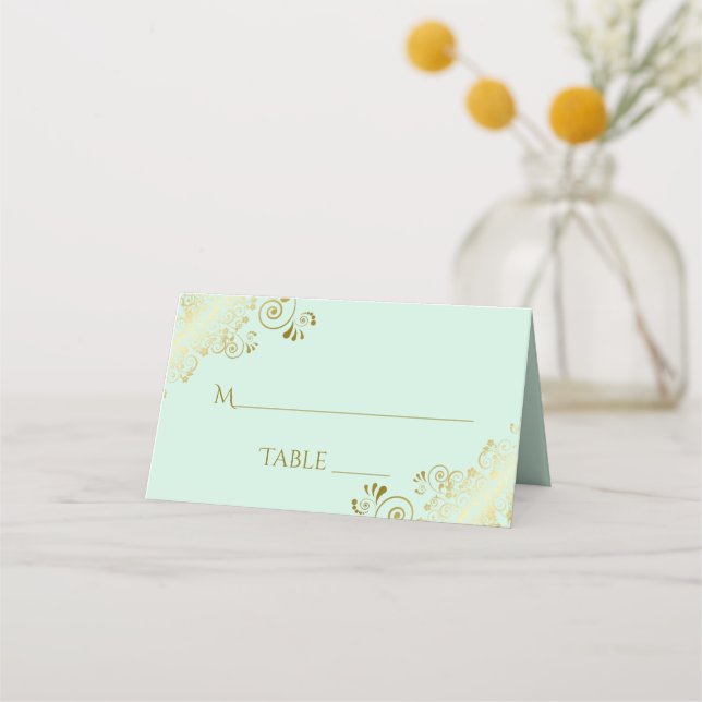 Carte De Placement Trucs d'or sur Mint Green Élégant mariage écriture (Devant)