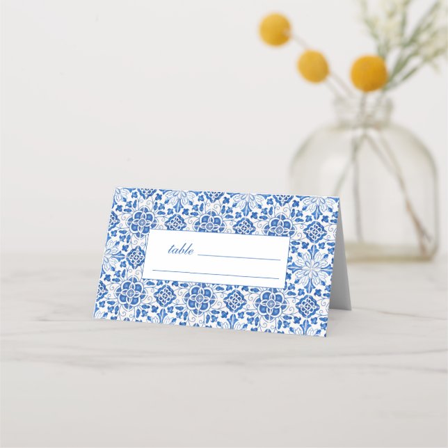 Carte De Placement Tuiles portugais Mariage Floral bleu (Devant)