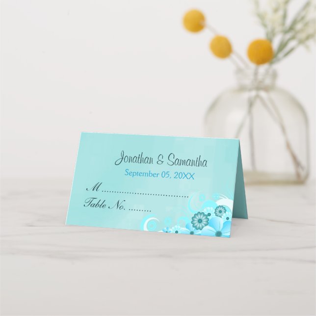 Carte De Placement Turquoise Aqua Blue Hibiscus Floral Table pliée (Devant)