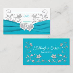 Carte De Placement Turquoise, Blanc, Silver Love Hearts Mariage