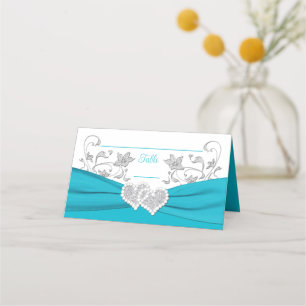 Carte De Placement Turquoise, Blanc, Silver Love Hearts Mariage