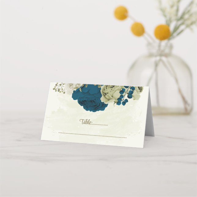 Carte De Placement turquoise bleu beige fleurs mariage botanique (Devant)