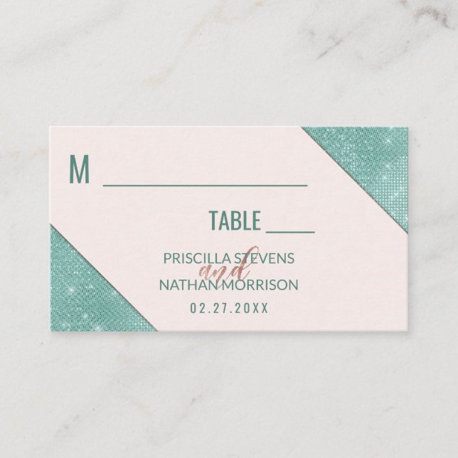 Carte De Placement Turquoise de Parties scintillant de Mariage rose e (Devant)