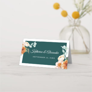 Carte De Placement Turquoise foncé brûlé Orange Floral Mariage d'aut