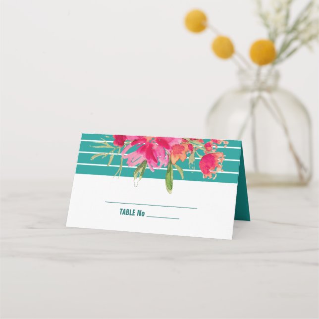 Carte De Placement Turquoise Fuchsia Aquarelle Mariage Floral (Devant)