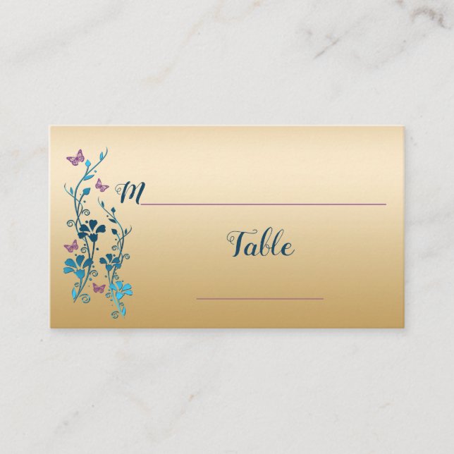 Carte De Placement Turquoise, Or, Floral Violet, Papillons (Devant)