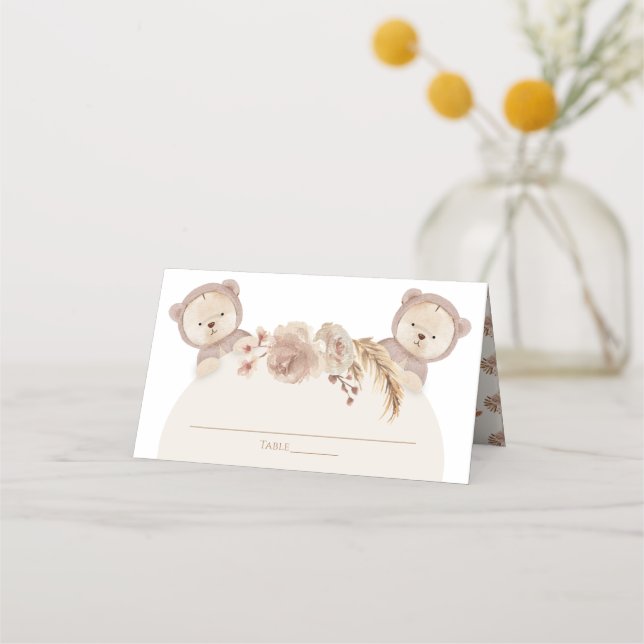 Carte De Placement Twins Teddy Bear Party Numéro de table Nom (Devant)