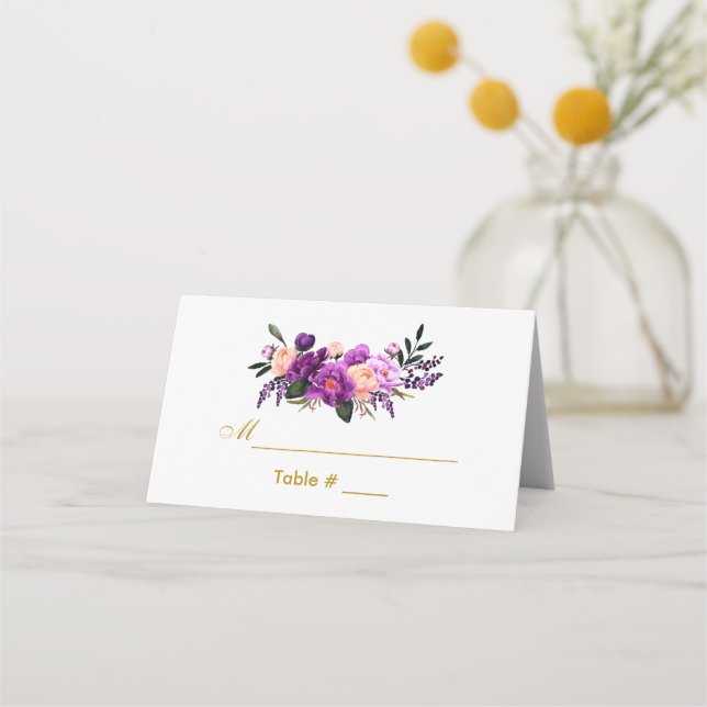 Carte De Placement Ultra violet violet Mariage or floral (Devant)