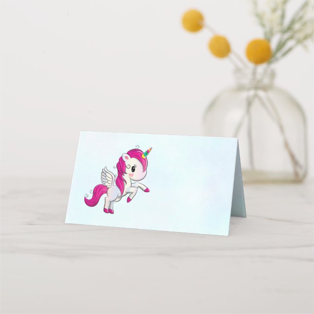 Carte De Placement Unicorne rose mignonne avec ailes (Devant)