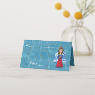 Carte De Placement USA Patriotic Angel Holding flag Blue Gold Stars