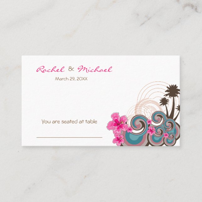 Carte De Placement Vagues tropicales Hibiscus rose Palm Trees Mariage (Devant)